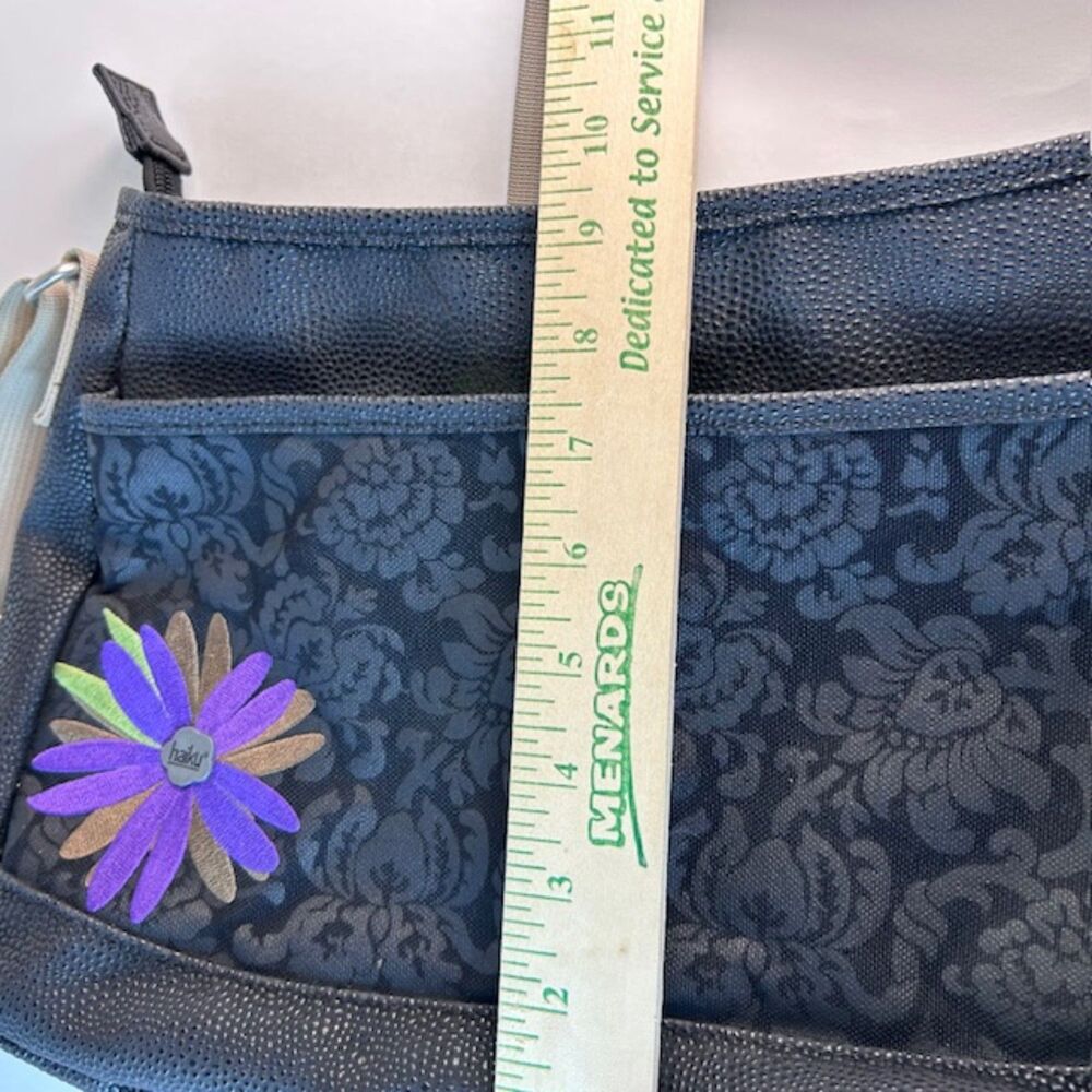 Haiku Women's Black Pebble Floral Faux Leather Purple Flower Accent Shoulder Bag - Picture 10 of 13